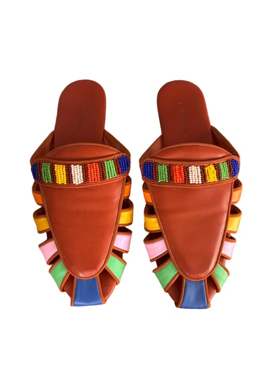 FARM Rio Shoes - Farm Rio Rust Rainbow Beaded Mule Slides Boho Brazilian size 8.5